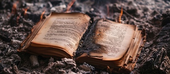 Photo of opened book with burned pages laying on ashes surface. Creative Banner. Copyspace image - obrazy, fototapety, plakaty