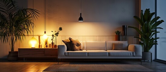 Retro sofa carpet glowing lamps in evening plant in pot on floor and furniture in living room interior free space Cozy apartment minimalist house design ad for sale and rental of real estate