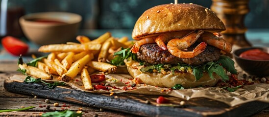 surf and turf burger with beef burger prawns with a basket of rustic fried potatoes and sauce from the front. Creative Banner. Copyspace image
