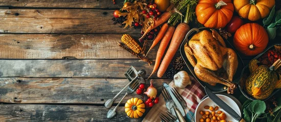 Keuken spatwand met foto Thanksgiving day dinner table top view Autumn vegetables on plate with cutlery. Creative Banner. Copyspace image © HN Works