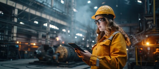 Professional Heavy Industry Engineer Worker Wearing Safety Uniform and Hard Hat Using Tablet Computer Serious Successful Female Industrial Specialist Walking in a Metal Manufacture Warehouse