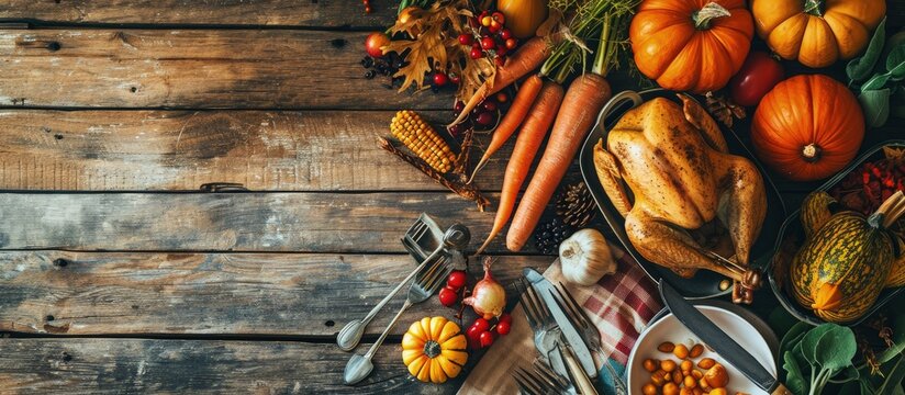 Thanksgiving day dinner table top view Autumn vegetables on plate with cutlery. Creative Banner. Copyspace image