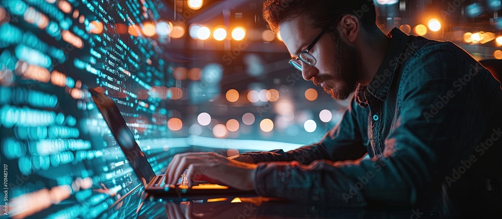 Leinwandbilder The double exposure image of the businessman using a laptop overlay with source code and programmer image and copy space The concept of programming cyber security business and internet of thing
