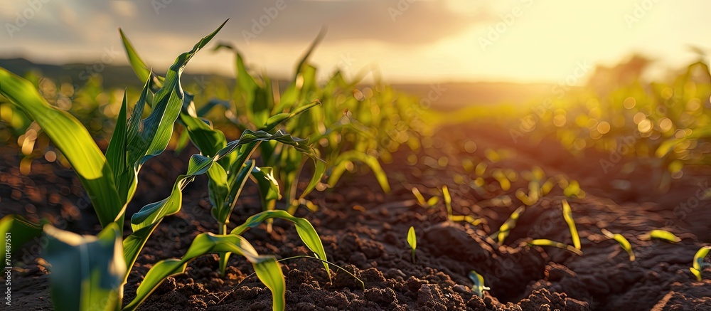 Aufkleber rows of young corn plants on a fertile field with dark soil green corn field in the sunset green cor