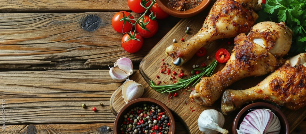 Poster raw chicken legs with vegetables and spices on the chopping board. creative banner. copyspace image