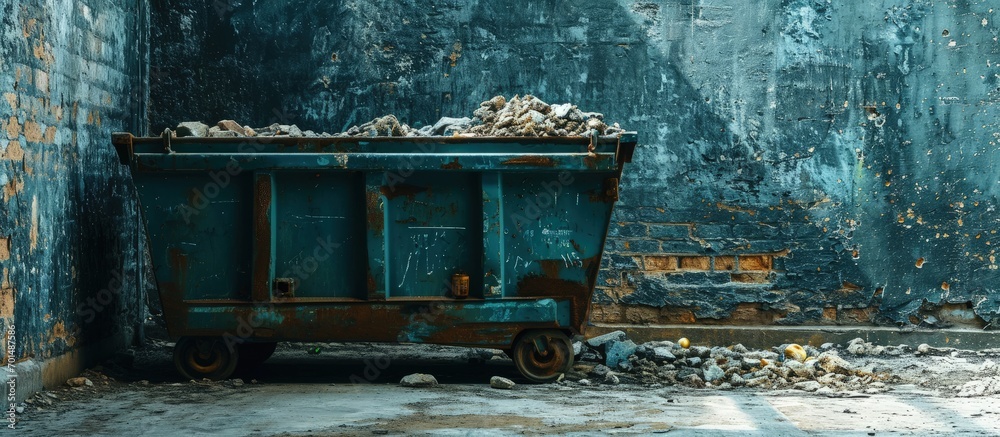 Aufkleber picture of a fully loaded dumpster with construction materials. creative banner. copyspace image