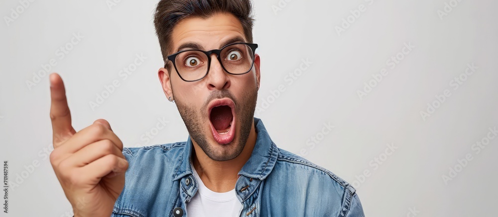 Aufkleber middle age latin man wearing casual clothes and glasses pointing with finger surprised ahead open mo