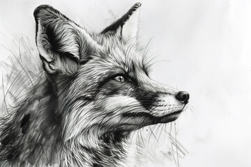 realistic pencil sketch closeup portrait of a fox, wild animal illustration