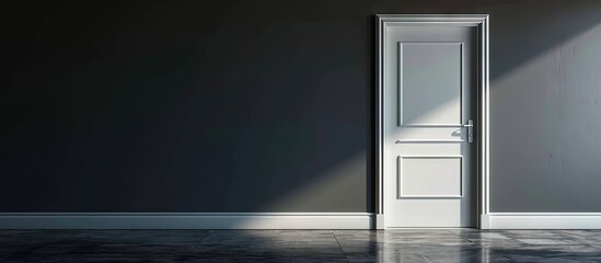 Shot of a closed white door on a gray wall in an empty room. Creative Banner. Copyspace image
