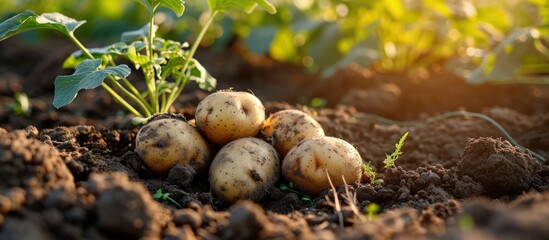 Potato tubers planting into the ground Early spring preparations for the garden season. Creative Banner. Copyspace image