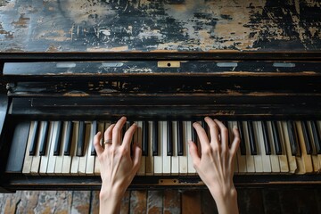 closeup of graceful hands on the keys of an old shabby piano