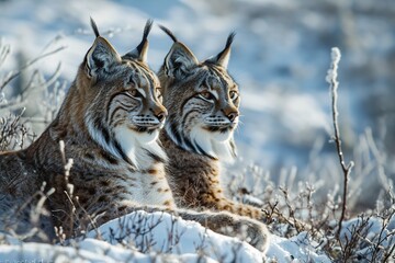 Fototapeta premium a pair of wild lynxes in a snowy winter forest daylight