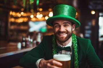 Portrait of a man in ireland pub, green leprechaun man, st Patrick's day concept.