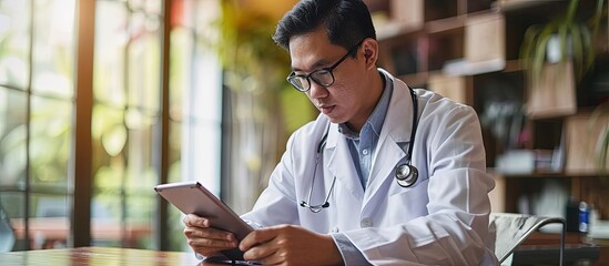 Telemedicine concept asian male doctor wear headset talking to patient by webcam and writing notes on digital tablet. Creative Banner. Copyspace image