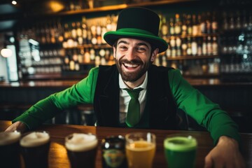 Portrait of a man in ireland pub, green leprechaun man, st Patrick's day concept.