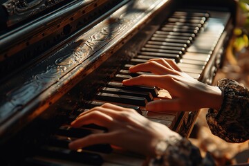 closeup of graceful female hands playing on the keys of an old shabby piano