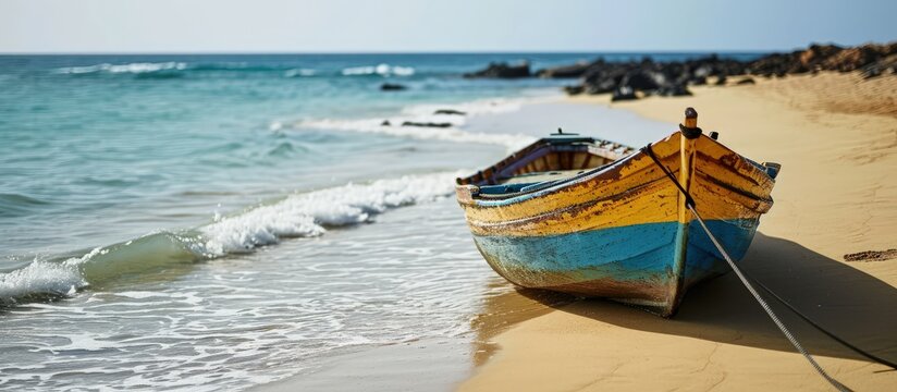 Traditional fisher boat in Santa Maria in Sal Island in Cape Verde Cabo Verde. Creative Banner. Copyspace image