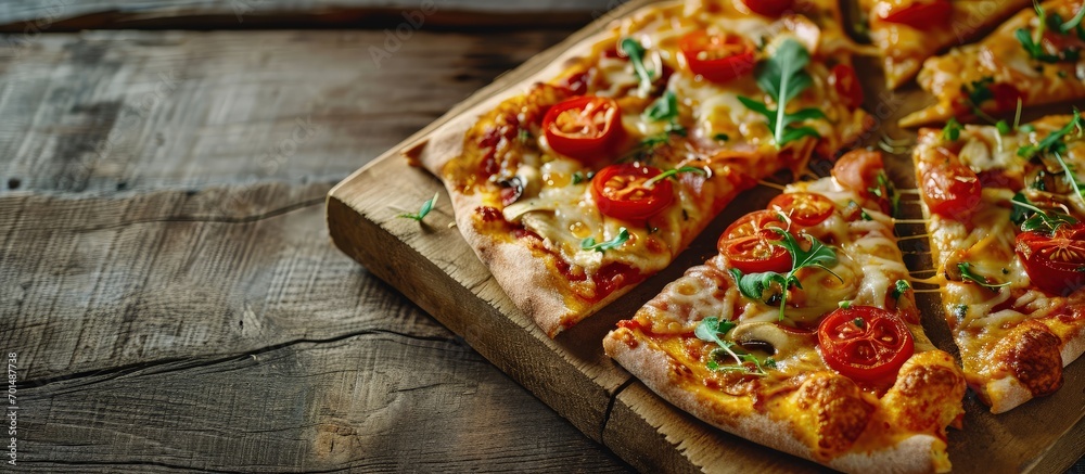 Poster rectangular pizza with mushrooms tomatoes and arugula on a wooden cutting board. creative banner. co