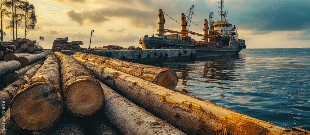 Sticker Timber export or import loading on cargo ship in Wicklow commercial port or harbour in Ireland Transport industry Close up on wood logs gripple. Creative Banner. Copyspace image