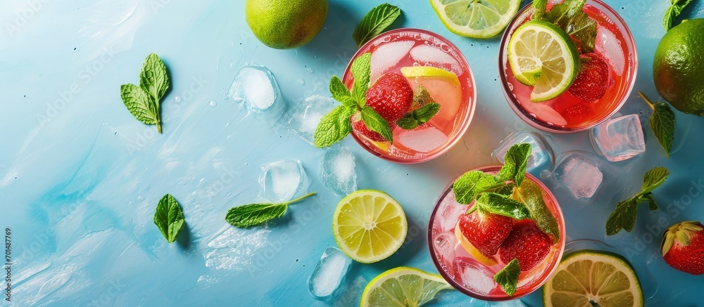 Poster summer refreshing drink and ingredients copy space top view. creative banner. copyspace image