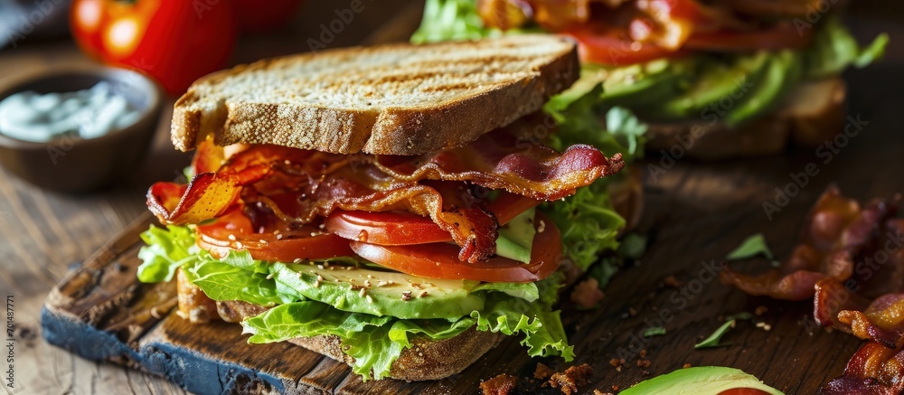 Poster spectacular bread with avocado tomato lettuce and bacon blta. creative banner. copyspace image