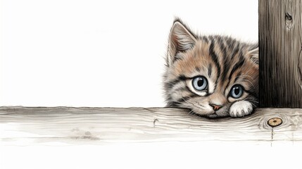 An artistic drawing of a kitten peeking out curiously from behind a corner. - obrazy, fototapety, plakaty