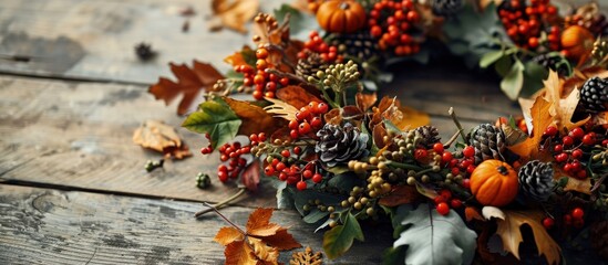 Step by step tutorial autumn paper wreath Step 5 wreath is ready Add ribbon or rope for hanging Top view. Creative Banner. Copyspace image