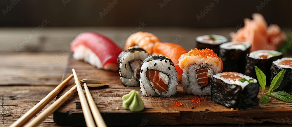 Poster sushi roll row of salmon tuna sushi rolls with chopsticks. creative banner. copyspace image