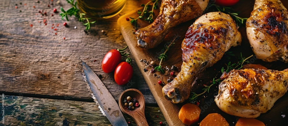 Poster raw chicken legs with vegetables and spices on the chopping board. creative banner. copyspace image