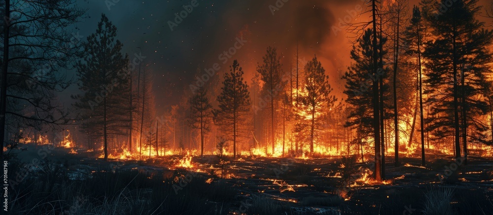 Sticker the huge wildfire burning forest trees in the meadow at night. creative banner. copyspace image