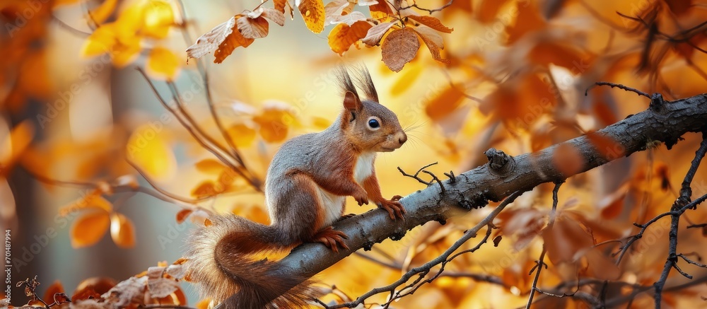 Poster red squirrel on a branch in autumn sciurus park tamiasciurus. creative banner. copyspace image