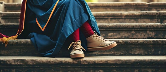 PhD doctoral graduate in regalia gown holding Tudor bonnet cap sitting on university steps with sneaker canvas shoes showing Red and blue grad gown gold tassel showing. Creative Banner - obrazy, fototapety, plakaty