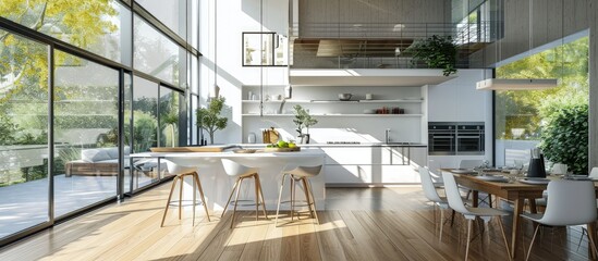 Open plan living a modern designer kitchen dining area. Creative Banner. Copyspace image