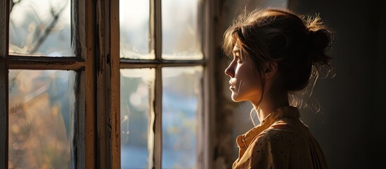 Young attractive woman sitting on a window looking outside lonely mood. Creative Banner. Copyspace image