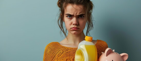 Young caucasian woman holding detergent bottle and piggy bank skeptic and nervous frowning upset because of problem negative person. Creative Banner. Copyspace image
