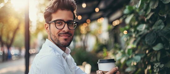 Professional modern and confident young businessman with glasses and white shirt holding a eco friendly paper cup of coffee in urban park of business district. Creative Banner. Copyspace image - obrazy, fototapety, plakaty