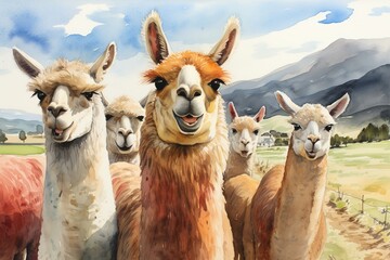 Obraz premium watercolor illustration happy herd of llamas on the fence at the farm in sunny day