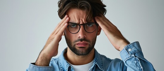 Stress anxiety and worry with a business man feeling frustrated irritated and annoyed with work and deadlines Unhappy and negative male employee suffering from a headache or migraine. Creative Banner - obrazy, fototapety, plakaty