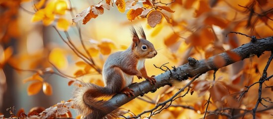 red squirrel on a branch in autumn Sciurus park Tamiasciurus. Creative Banner. Copyspace image