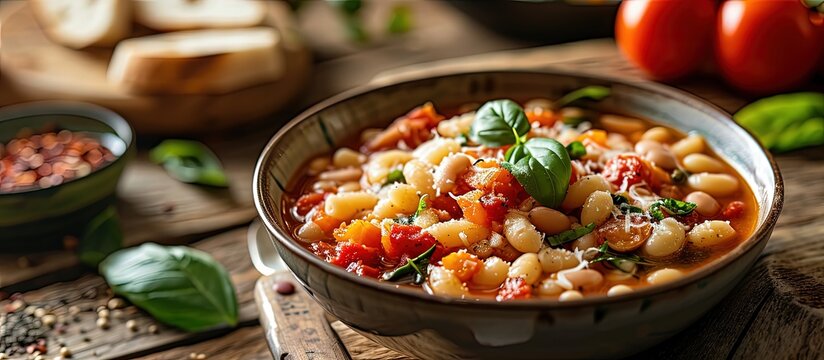 Traditional Italian dish pasta with borlotti bean broth Tasty pasta and bean soup. Creative Banner. Copyspace image