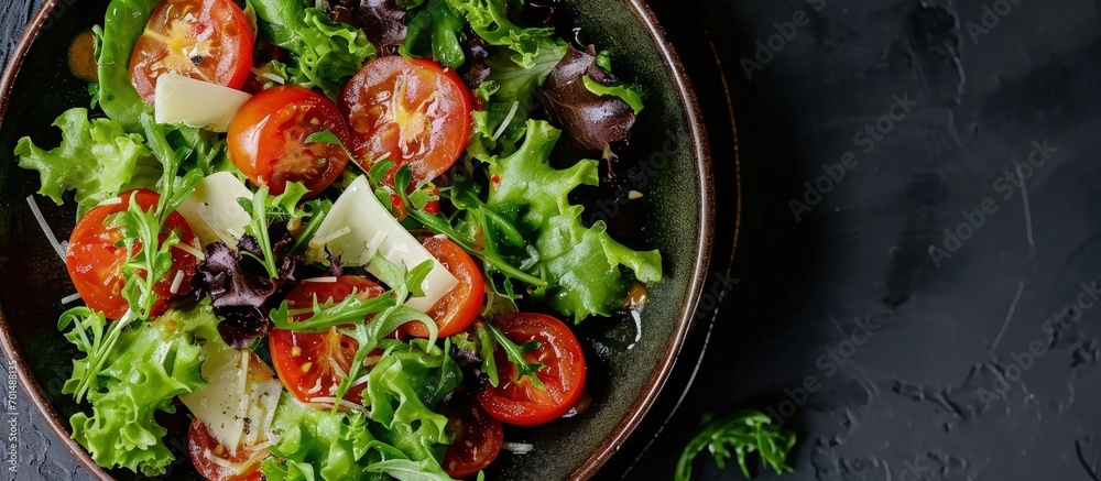 Poster tomato salad with lettuce cheese and mustard and garlic dressing top view. creative banner. copyspac