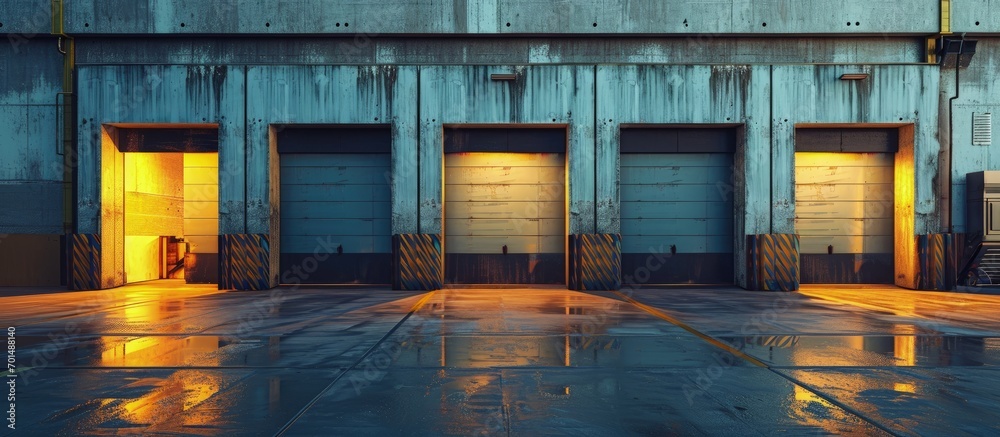 Wall mural row of loading docks with shutter doors at a warehouse. creative banner. copyspace image