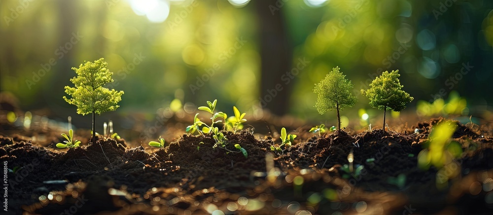 Poster Planting trees with to grow in the soil on greenery background Network and connection concept. Creative Banner. Copyspace image