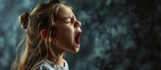 Tired and sleepy young little girl yawing. Creative Banner. Copyspace image - obrazy, fototapety, plakaty