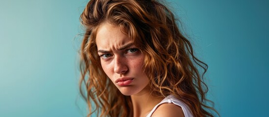 young adult pretty woman feeling disgusted and nauseous backing away from something nasty smelly or stinky saying yuck. Creative Banner. Copyspace image - obrazy, fototapety, plakaty