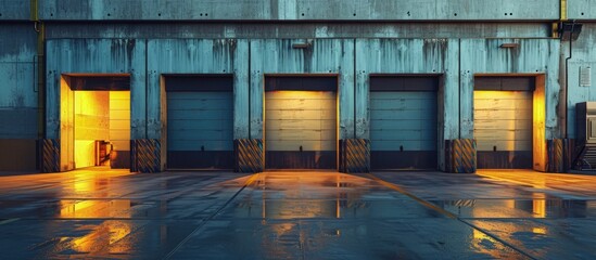 Row of loading docks with shutter doors at a warehouse. Creative Banner. Copyspace image
