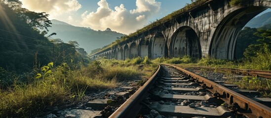 train rides over the bridge photo manipulation. Creative Banner. Copyspace image