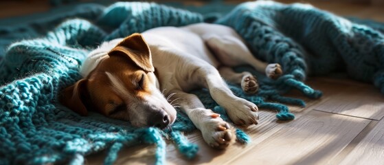 Young Jack Russell Terrier peacefully rests on a turquoise knitted blanket, sprawled on the parquet floor of the living room on a sunny day - obrazy, fototapety, plakaty
