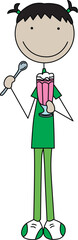 Cartoon illustration of a girl holding a glass with milkshake with whipped cream and spoon in the other hand
