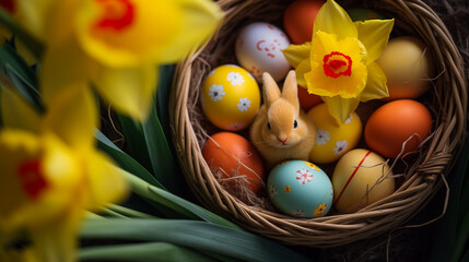 Fototapeta na wymiar Happy easter festive card with Easter eggs, Bunnies and beautiful spring flowers in the basket.